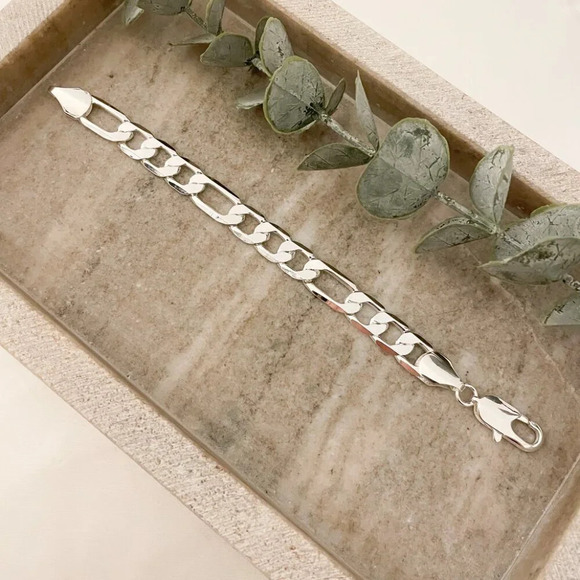 925 Sterling Silver Chunky Chain Link Bracelet Silver Figaro Bracelet 12 MM - Picture 3 of 4